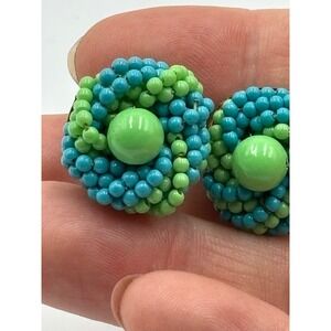 Vintage Vogue Novelty Beaded Clip On Earrings Green Turquoise Elphaba jewelry